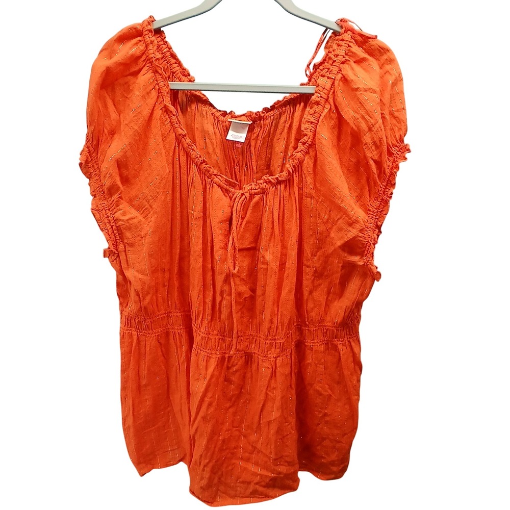 Avenue Peasant Top 30/32W Orange Boho Lurex Stripe Lace Up Back Gauze Blouse‎